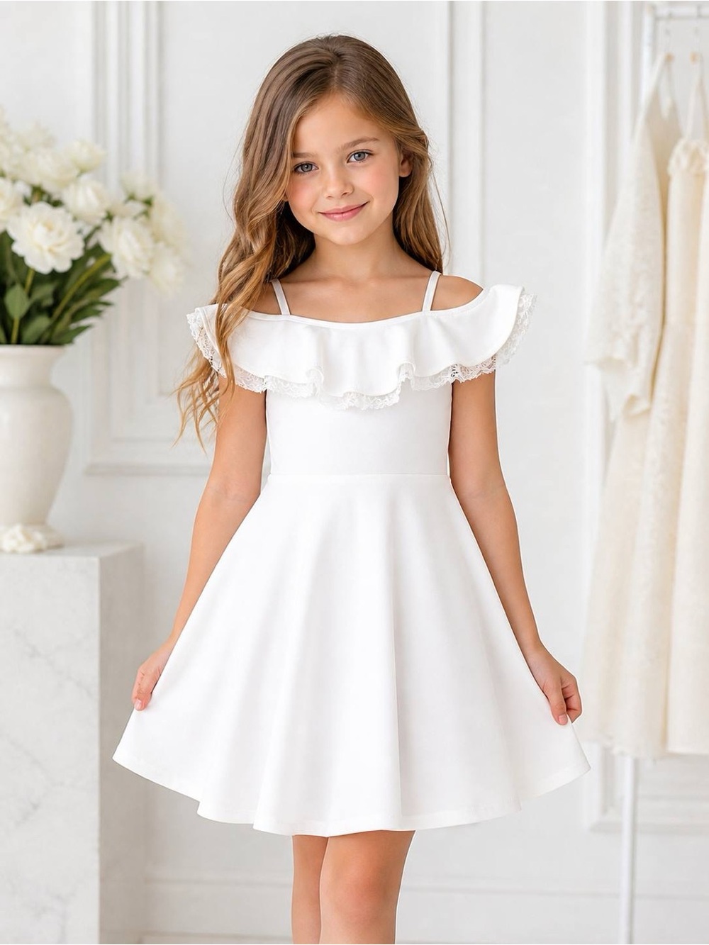 Rare Editions Girls Cold Shoulder Lace Trim Skater Dress 8 White NWT